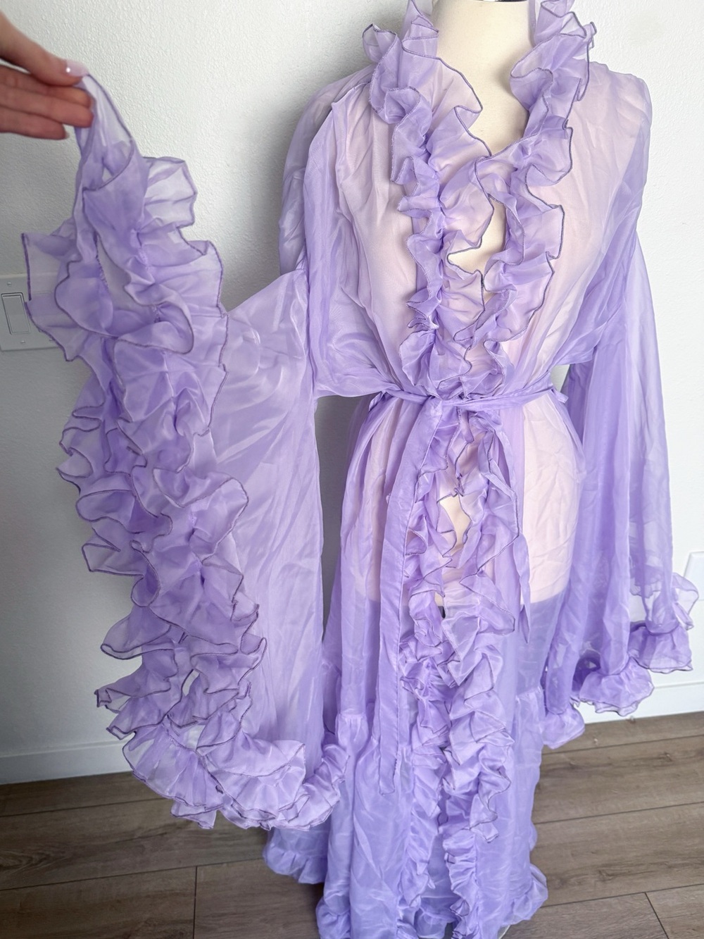 Vintage 70s Sheer Lavender Ruffle Peignoir Maxi Robe Bell Sleeve - Picture 5 of 9